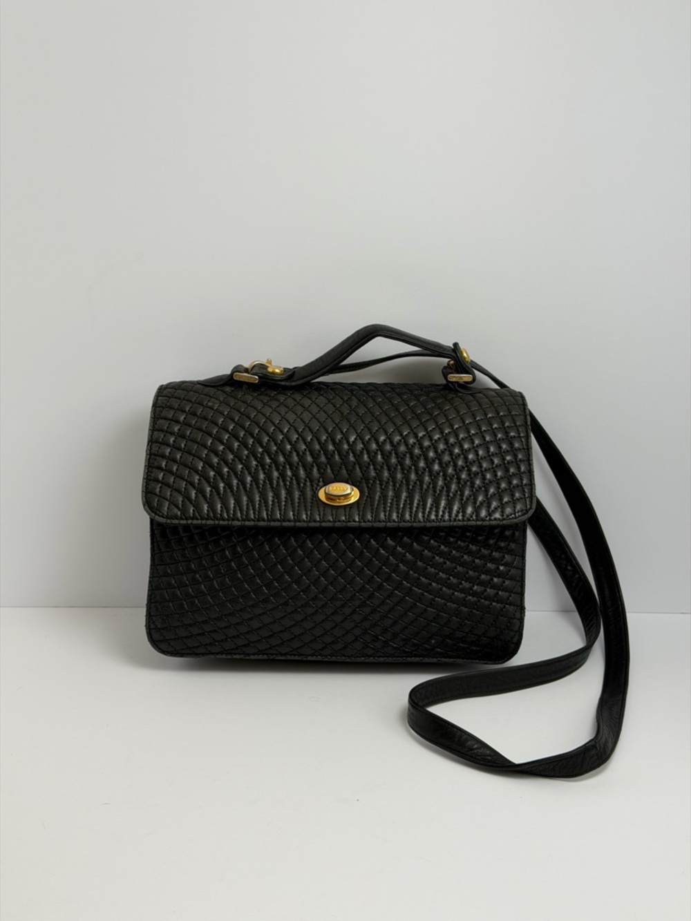 Bally Quilted Black Leather Handbag Crossbody Bag Satchel Vintage